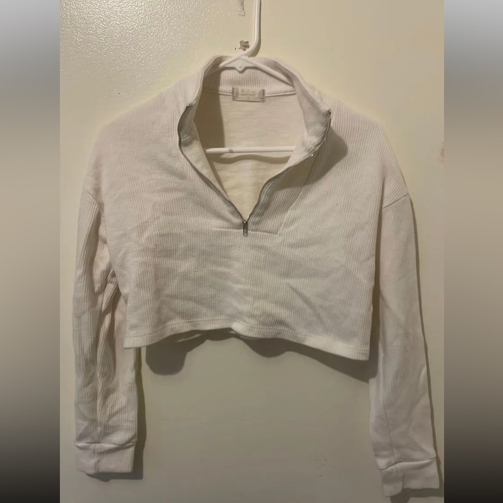 Madewell White Ribbed Cropped Half-Zip Top